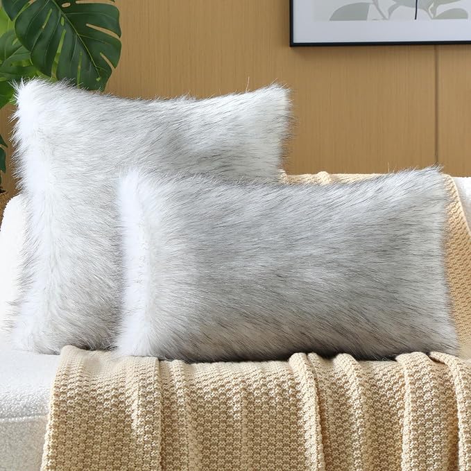 FUTEI Black White Decorative Throw Pillow Covers 18x18 Inch Set of 2,Soft Fluffy Faux Fox Fur Textured Cushion Case,Modern Home Decor for Couch Living Room