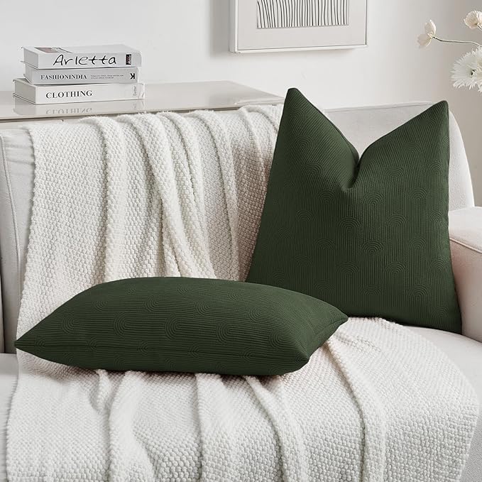 FUTEI Christmas Dark Green Chenille Decorative Throw Pillow Covers 18x18 Inch Set of 2,Soft Cozy Striped Geometric Patterns Cushion Cases,Modern Home Decor for Couch Bed Living Room