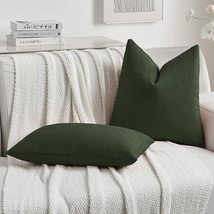 FUTEI Christmas Dark Green Chenille Decorative Throw Pillow Covers 16x16 Inch Set of 2,Soft Cozy Striped Geometric Patterns Cushion Cases,Modern Home Decor for Couch Bed Living Room
