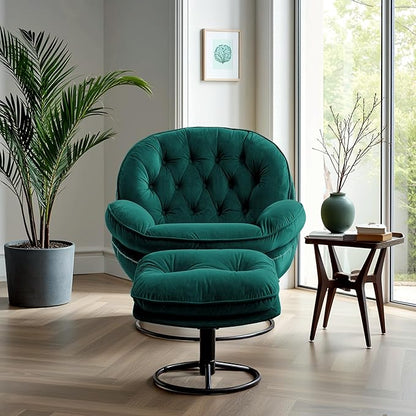 Set of 2 360° Swivel Modern Velvet Accent Chair with Ottoman | Mid-Century Button Tufted Lounge Chair for Living Room & Bedroom, Green