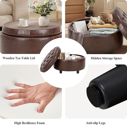 COLAMY Round Leather Storage Ottoman with Reversible Tray Lid – Multi-Functional Footrest, Hidden Storage, Sturdy & Stylish Small Coffee Table for Living Room, Bedroom, or Entryway(Brown)