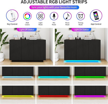 47" Black Fluted Sideboard Buffet Cabinet with Storage and LED Light,Marble Pattern Top Credenza Accent Cabinet with Fast Charging Station,Storage Cabinet for Living Room,Dining Room,Hallway