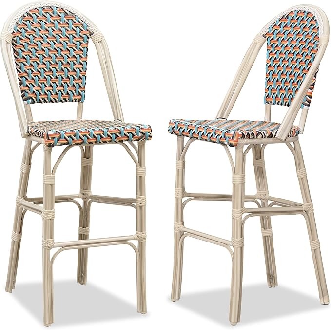 PURPLE LEAF French Bar Stool Set of 2 White Print Finish Patio Bar Stools with Back Rattan Chairs Wicker Bar Height Stool 30" with Footrest Kitchen Island Stools Outdoor Barstool Colorful