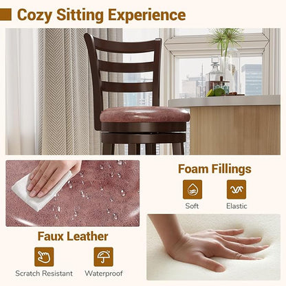 COSTWAY 26" Counter Height Stools Set of 2, Swivel High-Top Chairs with Backrest & Faux Leather Padded Seat, Rubber Wood Counter Barstools with Footrest for Kitchen, Dining Room, Pub (2,26'')