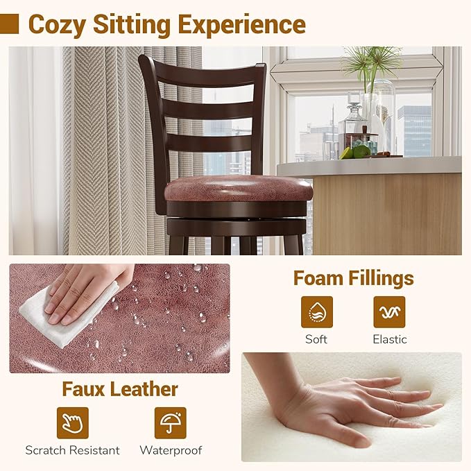 COSTWAY 26" Counter Height Stools Set of 4, Swivel High-Top Chairs with Backrest & Faux Leather Padded Seat, Rubber Wood Counter Barstools with Footrest for Kitchen, Dining Room, Pub (4,26'')