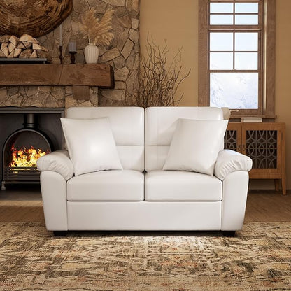 Morden Fort Faux Leather Loveseat, Modern Luxury Furniture with Removable and Easy to Clean Cushions, Skin-Friendly Wide Arm Leather Loveseat for Living Room Apartment Office Lounge, White