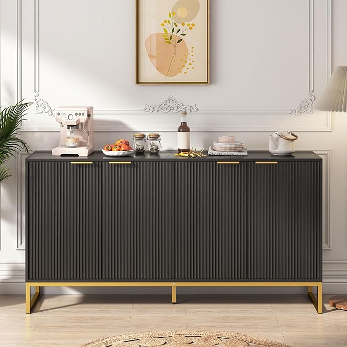 Fluted Accent Storage Cabinet, Kitchen Sideboard Buffet with 4 Fluted Doors, Adjustable Shelves for Living Room, Dining Room, Hallway (Black 4 Door)