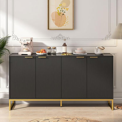 Fluted Accent Storage Cabinet, Kitchen Sideboard Buffet with 4 Fluted Doors, Adjustable Shelves for Living Room, Dining Room, Hallway (Black 4 Door)