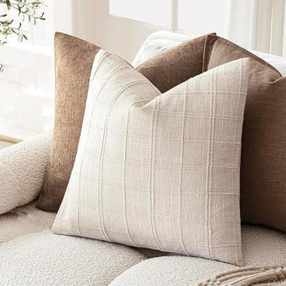 Foindtower Set of 2 Decorative Linen Check Throw Pillow Covers Neutral Farmhouse Vintage Cushion Covers Modern Boho Home Decor for Sofa Chair Couch Bedroom Living Room,24×24 Inch,Natural Beige