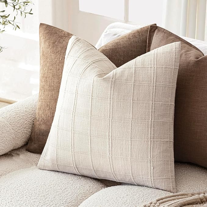 Foindtower Set of 2 Decorative Linen Check Throw Pillow Covers Neutral Farmhouse Vintage Cushion Covers Modern Boho Home Decor for Sofa Chair Couch Bedroom Living Room,26×26 Inch,Natural Beige