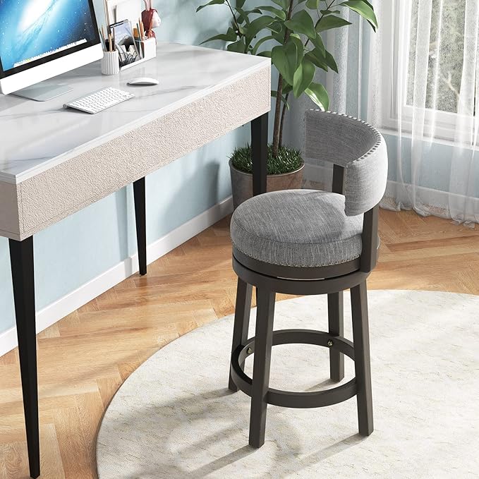 COSTWAY Bar Stool Set of 2, 27-inch 360° Swivel Barstool with Upholstered Back & Seat, Solid Rubber Wood Legs & Footrest, Farmhouse Counter Height Chair for Home, Bar, Cafe, Grey (2, Seat height 27‘’)