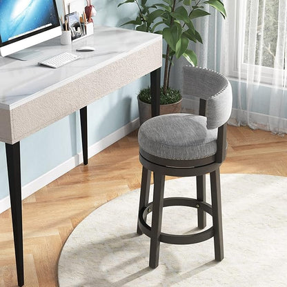 COSTWAY Bar Stool, 27-inch 360° Swivel Barstool with Upholstered Back & Seat, Solid Rubber Wood Legs & Footrest, Farmhouse Counter Height Chair for Home, Bar, Cafe, Grey (1, Seat Height 27‘’)