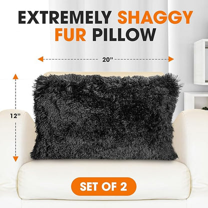Cheer Collection Throw Pillows for Couch and Bed, Soft Shaggy Throw Pillows with Inserts Included, Cozy Long Hair Faux Fur Pillows - Set of 2-12" x 20" - Black