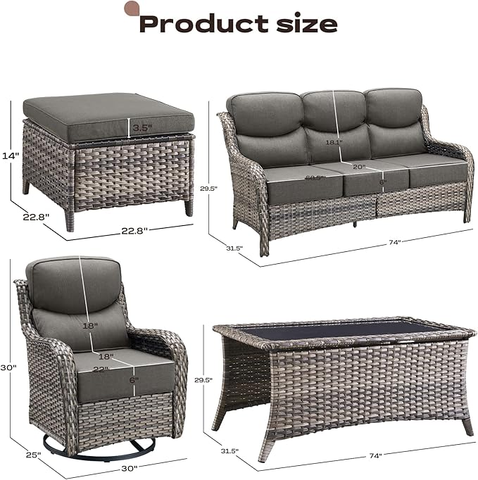 Rilyson Wicker Outdoor Patio Furniture Set - 6 Piece Patio Conversation Sets with Swivel Rocker Chairs, Ottomans, Sofa and Coffee Table, 6 inch Cushions, Deep Seating, for Porch Deck Mixed Grey/Grey