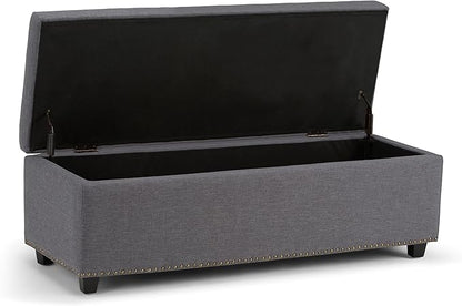 SIMPLIHOME Hamilton 48 inch Wide Transitional Rectangle Storage Ottoman in Slate Grey Linen Look Fabric, Assembled, For the Living Room, Entryway and Family Room