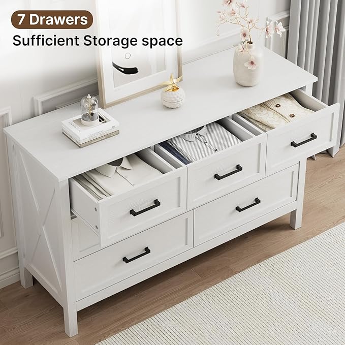 LYNSOM Farmhouse 7 Drawers Dresser for Bedroom, Wood Rustic Wide Chest of Drawers with Deep Drawers, Metal Handle, Storage Dressers Organizer for Hallway