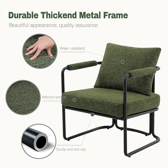 Single Accent Chair for Living Room, Mid Century Modern Upholstered Reading Armchair for Bedroom, Office, with Comfy Chenille Cushion Back & Metal Frame, Green