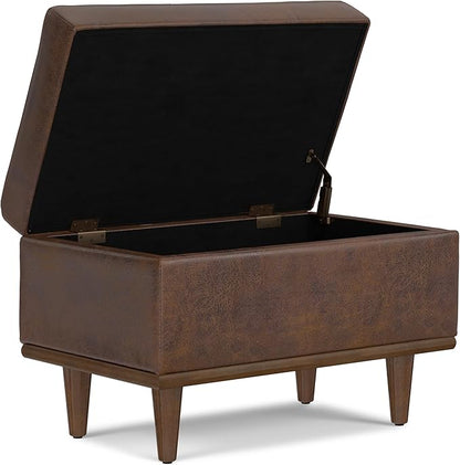 SIMPLIHOME Shiloh 26 inch Wide Transitional Contemporary Small Storage Ottoman in Distressed Chestnut Brown Vegan Faux Leather, Assembled, for The Living Room, Entryway and Family Room