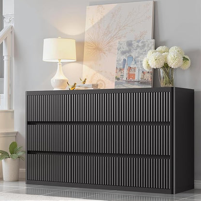 Black 9 Drawers Dressers for Bedroom, 57" Large Chest of Drawers with Handleless, Curved Profile, Modern Flute Dresser TV Stand, Wooden Closet Clothes Storage Organizer for Living Room