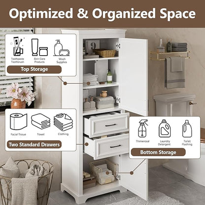 Tall Freestanding Storage Cabinet with 2 Doors & 2 Drawers, Multi-Purpose Organizer with Adjustable Shelf for Bathroom, Office, Living Room, White