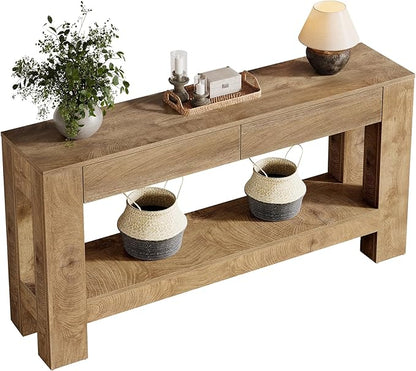 Tribesigns 63-Inch Console Table with 2 Drawers, 2-Tier Wooden Sofa Table Behind Couch, Farmhouse Entryway Console with Storage Shelf & Sturdy H-Shaped Legs for Living Room, Entrance, Hallway