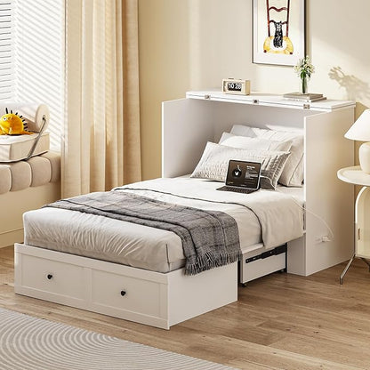 Twin Murphy Bed with Built-in Charging Station, Space-Saving Murphy Bed Chest Twin with Drawer, Foldable, for Home Office Guest Room Bedroom White