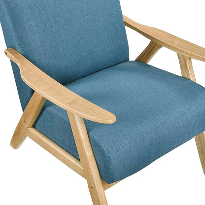 Lexicon Mid Century Modern Accent Chair with Solid Wood Frame in Natural Finish, Textured Fabric Living Room Lounge Arm Chair, Thick and Comfy Innerspring Seat Cushion, Linen-Look Fabric, Blue