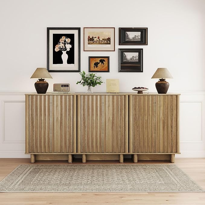 Sideboard Buffet Cabinet with Storage, Natural Freestanding Floor Cabinet Farmhouse Sideboard with 2 Fluted Doors Wooden Hallway Cabinet Media Console Table Credenza for Living Room Dining Room, 2PCS