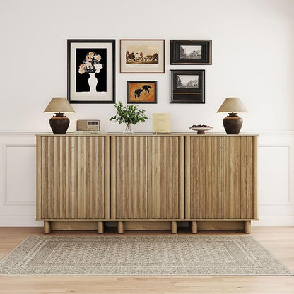 Sideboard Buffet Cabinet with Storage, Natural Freestanding Floor Cabinet Farmhouse Sideboard with 2 Fluted Doors Wooden Hallway Cabinet Media Console Table Credenza for Living Room Dining Room, 2PCS