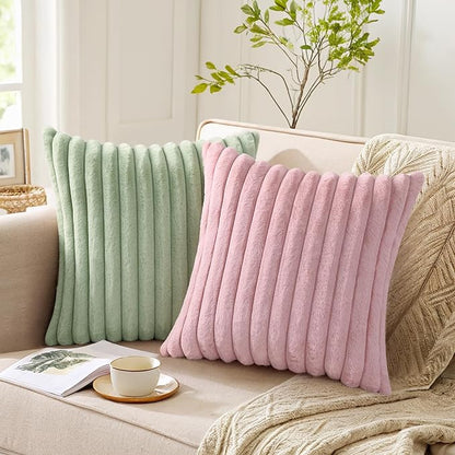 Pallene Faux Fur Plush Throw Pillow Covers 26x26 Set of 2, Luxury Soft Fluffy Striped Decorative Pillow Covers for Sofa, Couch, Living Room, Blush Pink