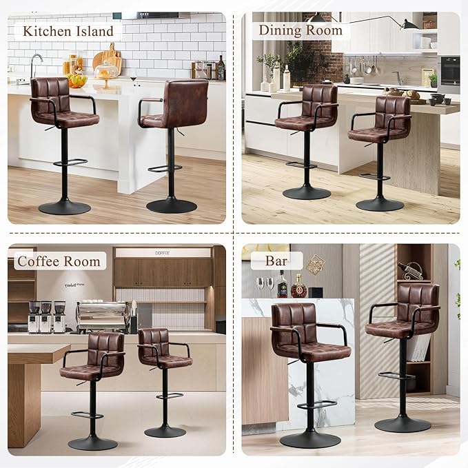 Furniliving Swivel Bar Stools Set of 4, Adjustable Kitchen Counter Height BarStools with Arms, PU Leather Upholstered Bar Chair with Back and Footrest for Dining Room, Kitchen, Pub, Bar (Darkbrown)