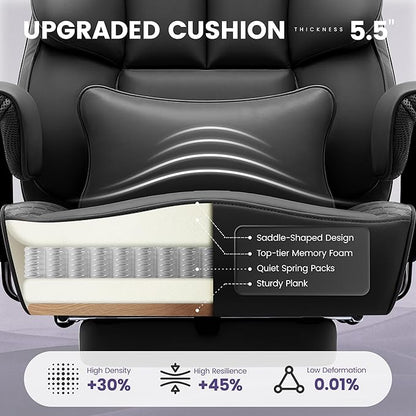 Office Desk Chair, Big and Tall Leather Gaming Chair with Footrest, Wide Ergonomic Comfy Executive High-Back Reclining Computer Chairs, Swivel Rolling Wheels and Lumbar Support, Matte Black