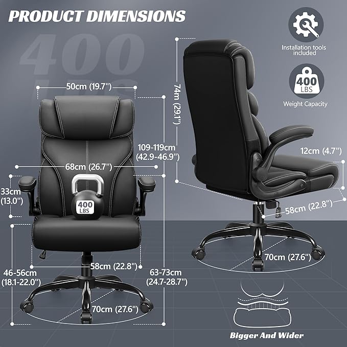 Office Chair, Ergonomic Big and Tall Computer Desk Chairs, Executive Breathable Leather Chair with Adjustable Flip-up Armrests, Lumbar Support Swivel PC Chair with Rocking Function