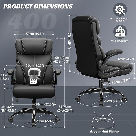 Office Chair, Ergonomic Big and Tall Computer Desk Chairs, Executive Breathable Leather Chair with Adjustable Flip-up Armrests, Lumbar Support Swivel PC Chair with Rocking Function