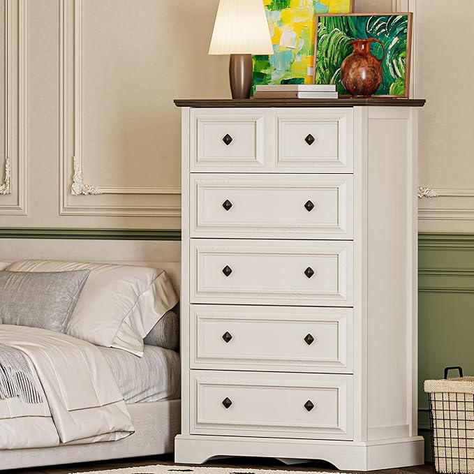 Farmhouse 6 Drawer Dresser, 48" Tall White Dresser with Natural Texture & Metal Handles, Storage Drawer Chest for Bedroom, Living Room, Hallway, Vintage Design (Antique White)