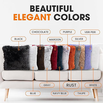 Cheer Collection Throw Pillows for Couch and Bed, Soft Shaggy Throw Pillows with Inserts Included, Cozy Long Hair Faux Fur Pillows - Set of 2-20" x 20" - Rust Orange