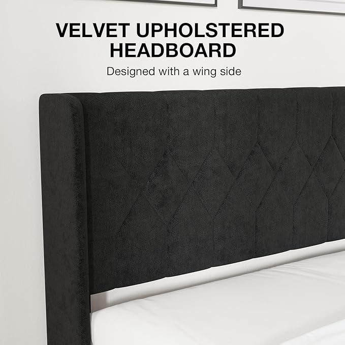 Novilla Queen Size Bed Frame, Queen Bed Frame with Headboard, Velvet Upholstered Pull-Point Wing Side Headboard, No Box Spring Needed, Heavy Duty Feet, Easy Assembly, Black Velvet