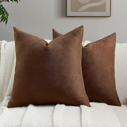 FUTEI Dark Brown Chenille Throw Pillow Covers 18x18 Inch Set of 2,Soft Wide Chevron Textured Cushion Case,Farmhouse Home Decor for Couch Bed Living Room