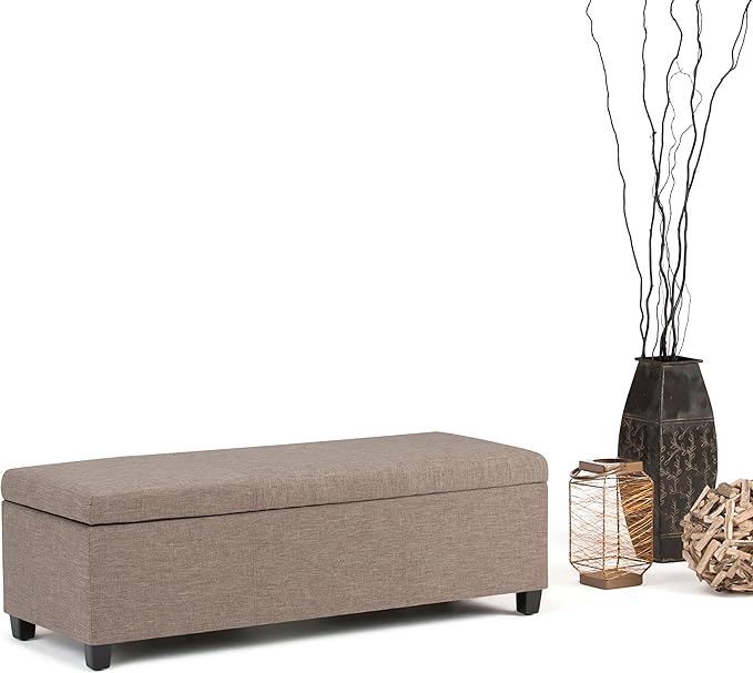 SIMPLIHOME Avalon 48 inch Wide Contemporary Rectangle Storage Ottoman Bench in Fawn Brown Linen Look Fabric, Assembled, for the Living Room, Entryway and Family Room
