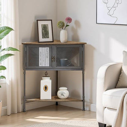 VECELO 3 Tier Corner Shelf,Corner Table with Mesh Door and Open-Shelf,Corner Cabinet Stand,Metal Frame Organizer Display Storage Shelves for Bedroom,Living Room,Kitchen,Bathroom