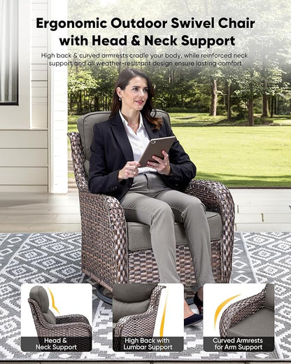 HUMMUH Wicker Patio Furniture Set 6inch Thick Cushion Deep Seat Outdoor Swivel Rocker Patio Chairs Set of 2 with Ottomans Conversation Set for Porch Garden Deck