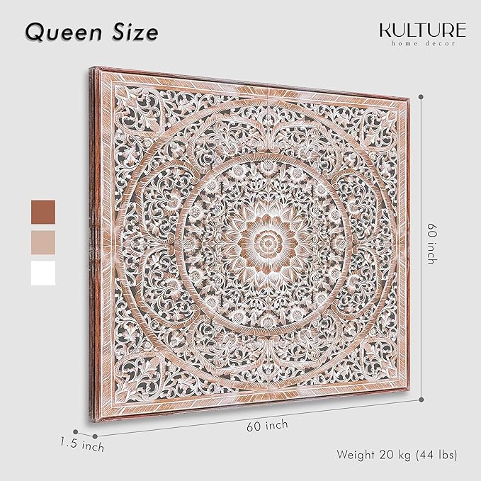 Wood Bed Headboard Rustic | Carved Full Head Board Only | Wooden BedHead Full Size Bed | Wall Mount Wall Art in Sizes King or Queen | Headboard Panels (Manusa Antic, Queen)