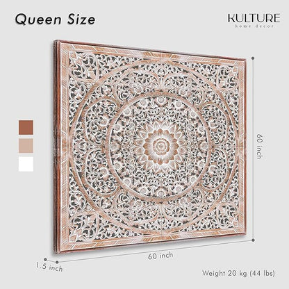 Wood Bed Headboard Rustic | Carved Full Head Board Only | Wooden BedHead Full Size Bed | Wall Mount Wall Art in Sizes King or Queen | Headboard Panels (Manusa Antic, Queen)