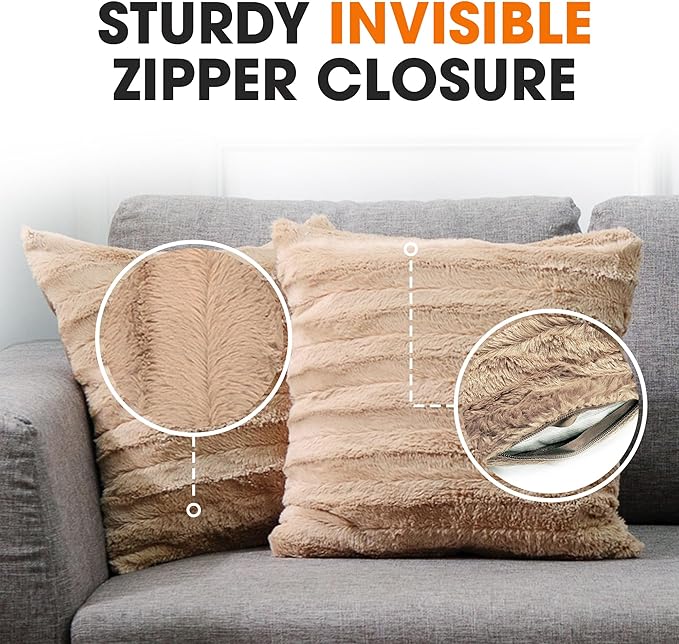 Cheer Collection Faux Fur Throw Pillows - Decorative Pillows for Couch, Bed Throw Pillows, Sand Accent Pillows for Bedroom or Living Room Aesthetic, Set of 2 Furry Throw Pillows, 20" x 20"