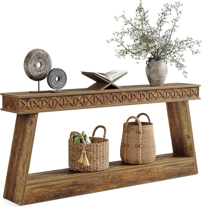 LITTLE TREE 70.87" Long Farmhouse Console Table, 2-Tier Shelf Narrow Accent Entryway Sofa Table for Living Room, Behind Couch, Hallway - Light Brown