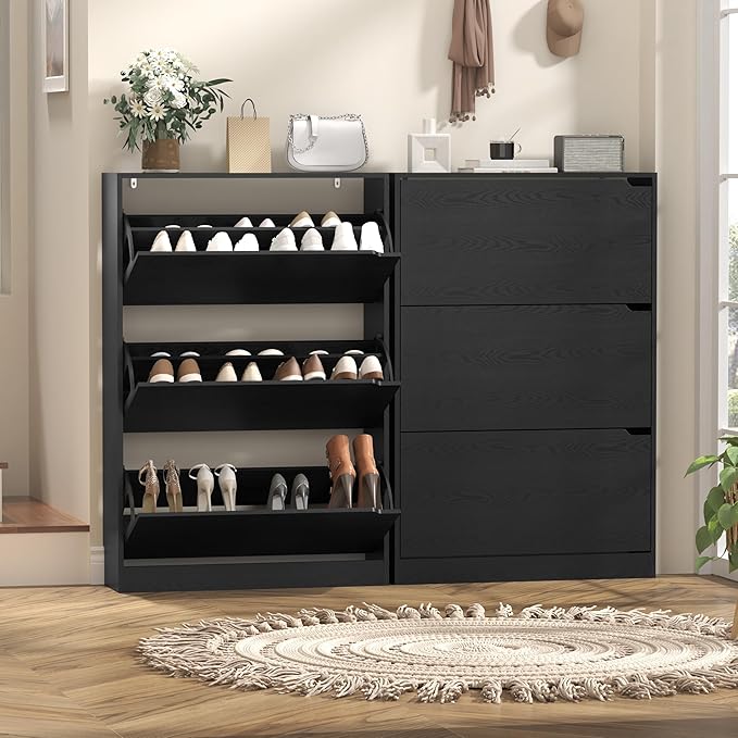 Shoe Storage Cabinet with 3 Flip Drawers, Slim Hidden Wood Shoe Cabinet Storage for Entryway, Freestanding Narrow Shoe Rack Organizer with Adjustable Shelves for Foyer, Hallway, Black