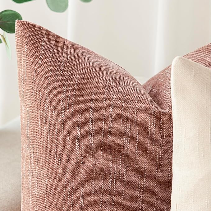 Foindtower Pack of 2 Textured Chenille Throw Decorative Pillow Covers Square Accent Solid Cushion Cover Neutral Farmhouse Pillow Case for Couch Sofa Bedroom Living Room 20x20 Inch,Dusty Pink