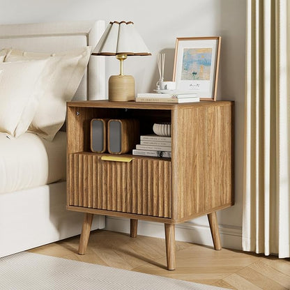 LYNSOM Fluted Dresser and Nightstand Sets 2 Piece, 1-Drawer Nightstands and 6-Drawers Dresser, Wood Bedroom Furniture Set for Home, Bedroom, Hallway, Natural Oak