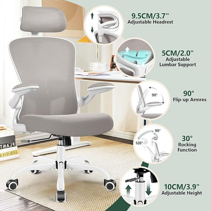 FelixKing Ergonomic Office Chair, Headrest Desk Chair with Adjustable Lumbar Support, Home Office Swivel Task Chair with High Back and Armrest, Adjustable Height Gaming Chair (Gray)