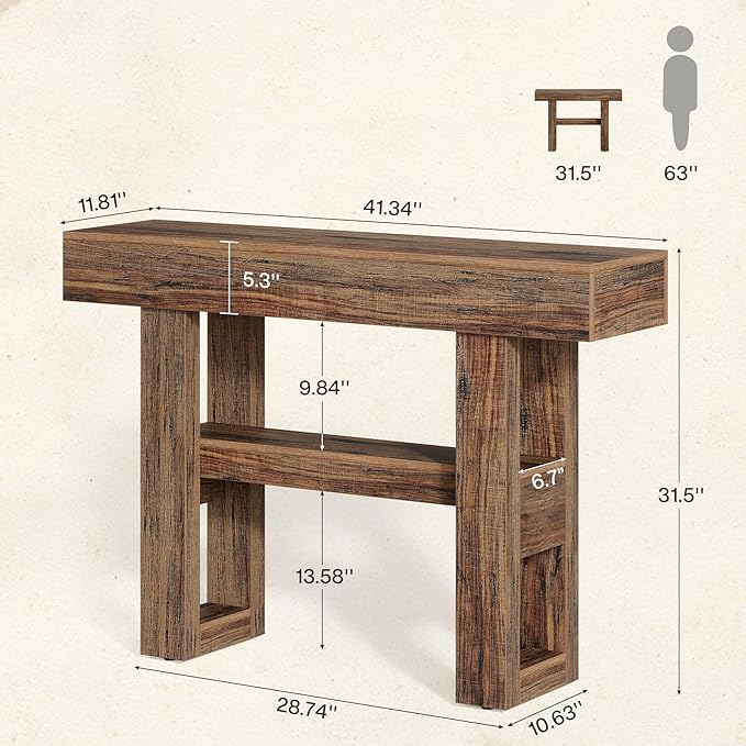 Tribesigns 41.34-Inch Farmhouse Console Table, 2-Tier Narrow Sofa Table Behind The Couch, Entryway Furniture with Storage Shelves for Hallway Foyer Living Room, Rustic Brown
